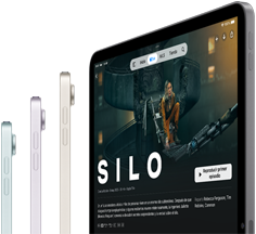 Vista lateral de tres modelos de iPad Air, un cuarto iPad Air muestra la serie Silo de Apple TV+