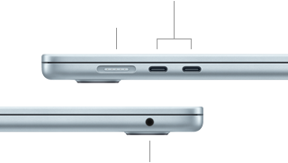 Vistas laterales de una MacBook Air que muestran los puertos: MagSafe y dos puertos Thunderbolt 4 del lado izquierdo y una entrada para audífonos del lado derecho