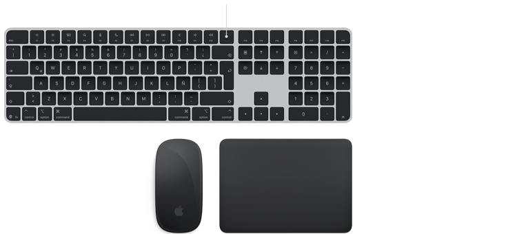Accesorios Magic: Magic Keyboard con Touch ID, Magic Mouse y Magic Trackpad, todos en gris espacial, uno al lado del otro