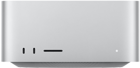 Vista frontal de una Mac Studio con dos puertos USB-C y la ranura para tarjeta SDXC