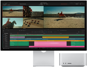 Una película está siendo editada con una Mac Studio y un Studio Display