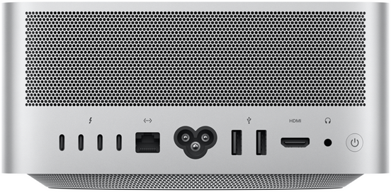 Vista de la parte posterior de una Mac Studio con cuatro puertos Thunderbolt 4, un puerto Ethernet de 10 Gb, un enchufe para cable de corriente, dos puertos USB-A, un puerto HDMI, una entrada de 3.5 mm para audífonos y un botón de encendido