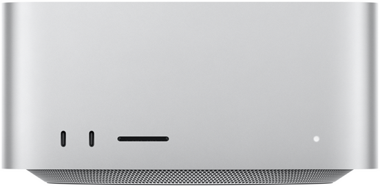 Vista de la parte frontal de una Mac Studio con dos puertos USB-C en la esquina inferior izquierda y la ranura para tarjeta SDXC, luz indicadora de estado del lado inferior derecho y orificios de ventilación visibles en la parte inferior