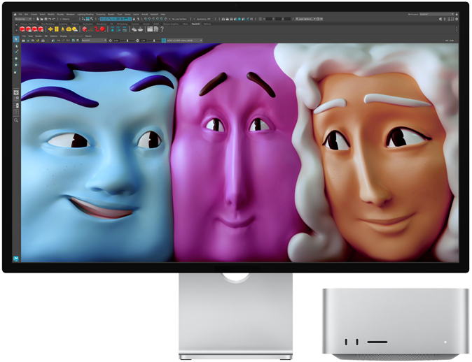 Vista de la parte frontal de una Mac Studio con Studio Display