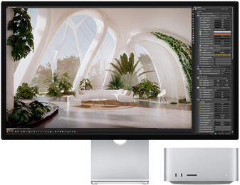 Vista delantera de un Studio Display junto a una Mac Studio