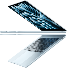 Dos laptops MacBook Air azul cielo abiertas y superpuestas que forman una flecha para mostrar su perfil delgado
