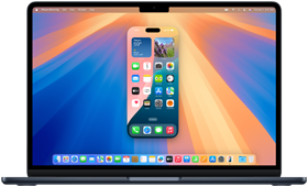 La funcionalidad Duplicación del iPhone en una MacBook Air, que muestra la pantalla con varias apps de un iPhone en la pantalla de la computadora