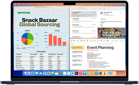 Las apps Mail, Numbers y Notas abiertas para demostrar la capacidad de trabajar con varias tareas a la vez en una MacBook Pro con chip M4.