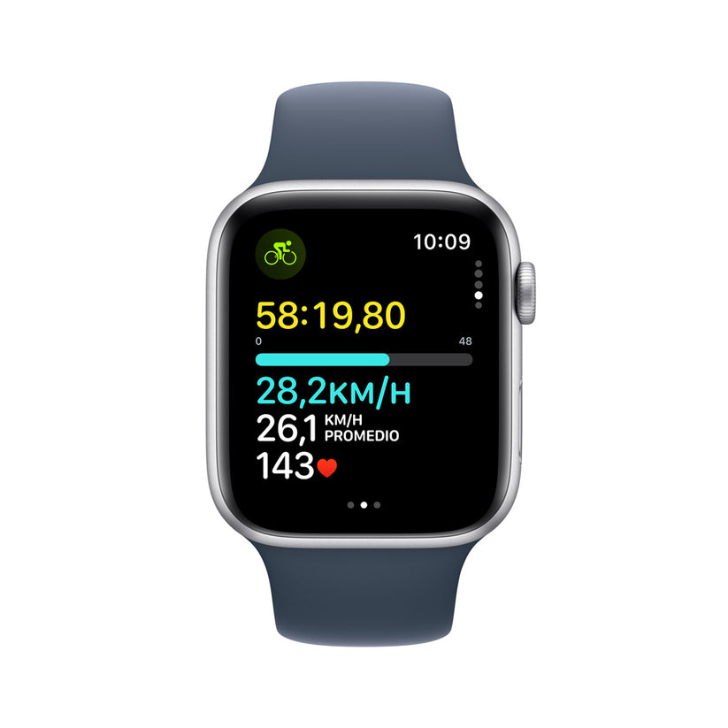 Apple Watch SE GPS • Caja de aluminio color plata de 44 mm • Correa deportiva azul tormenta - M/L