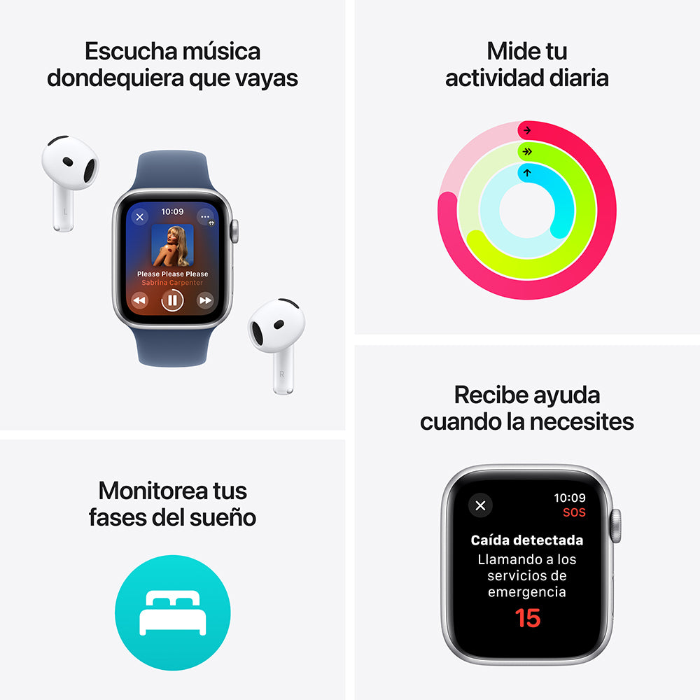 Apple Watch SE GPS • Caja de aluminio color plata de 40 mm • Correa deportiva azul denim - M/L