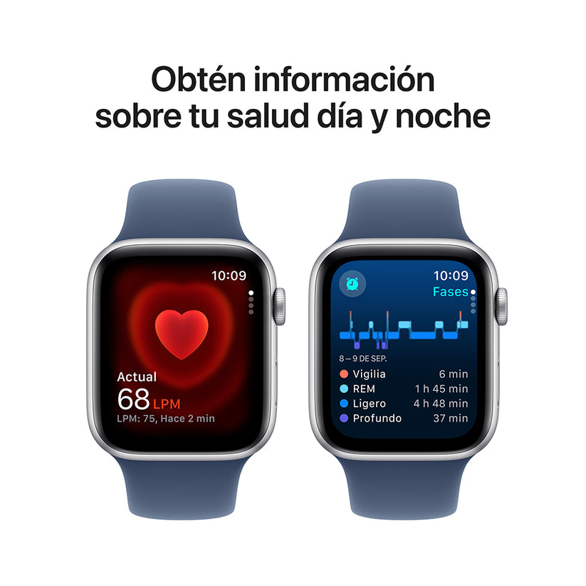 Apple Watch SE GPS • Caja de aluminio color plata de 44 mm • Correa deportiva azul denim - M/L