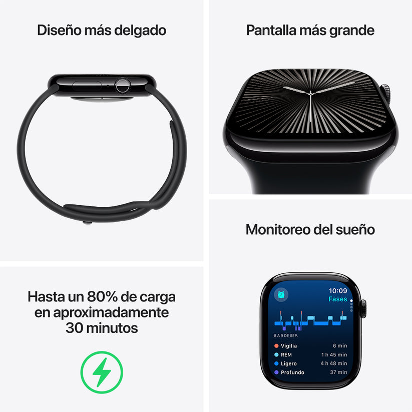 Apple Watch Series 10 GPS • Caja de aluminio negro azabache de 42 mm • Correa deportiva negra - M/L