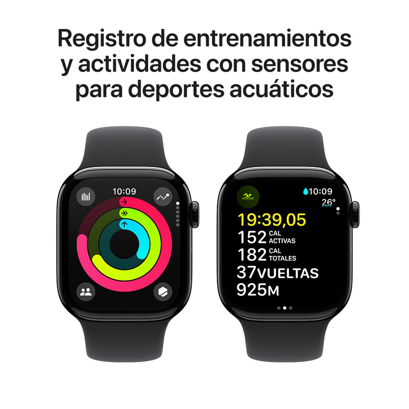 Apple Watch Series 10 GPS • Caja de aluminio negro azabache de 42 mm • Correa deportiva negra - M/L
