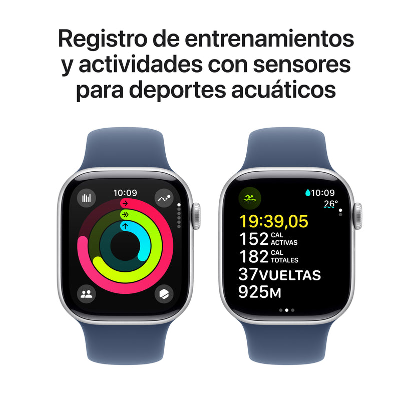 Apple Watch Series 10 GPS • Caja de aluminio color plata de 42 mm • Correa deportiva azul denim - M/L