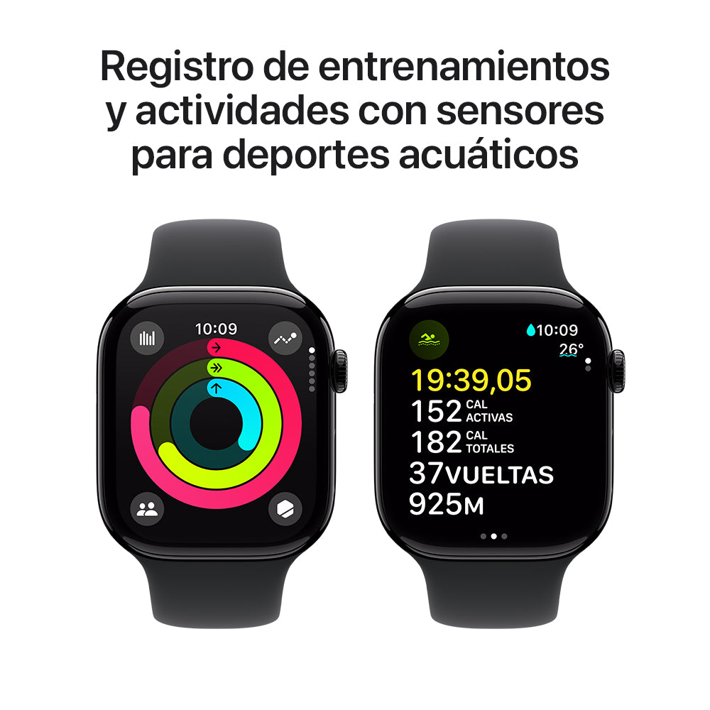 Apple Watch Series 10 GPS • Caja de aluminio negro azabache de 46 mm • Correa deportiva negra - M/L