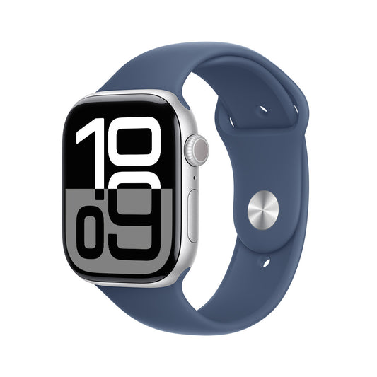 Apple Watch Series 10 GPS • Caja de aluminio color plata de 46 mm • Correa deportiva azul denim - M/L