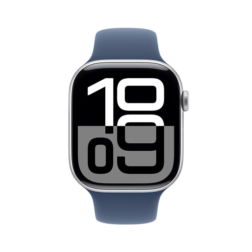 Apple Watch Series 10 GPS • Caja de aluminio color plata de 46 mm • Correa deportiva azul denim - S/M