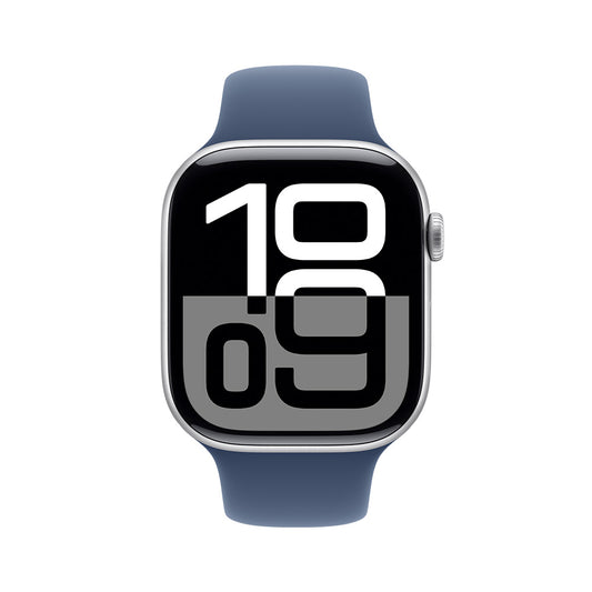Apple Watch Series 10 GPS • Caja de aluminio color plata de 46 mm • Correa deportiva azul denim - S/M