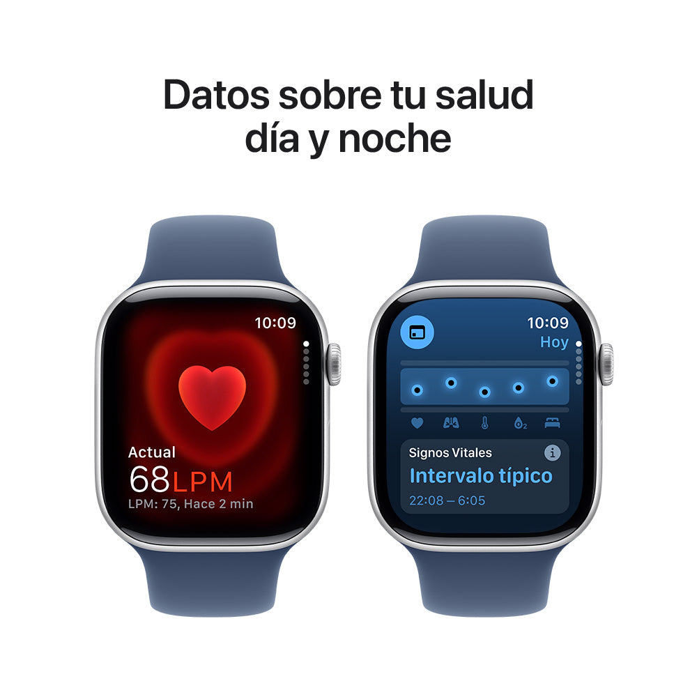 Apple Watch Series 10 GPS • Caja de aluminio color plata de 46 mm • Correa deportiva azul denim - S/M