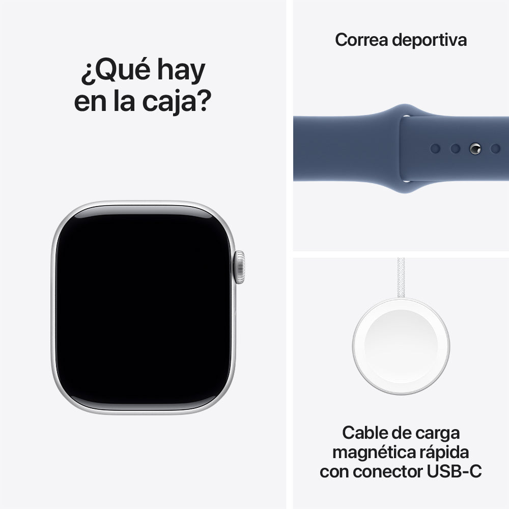 Apple Watch Series 10 GPS • Caja de aluminio color plata de 46 mm • Correa deportiva azul denim - M/L
