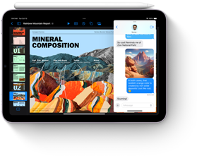 Un iPad mini en posición horizontal con un Apple Pencil apoyado sobre el borde superior. En la pantalla se muestran las distintas funciones de multitasking y las nuevas funcionalidades de Apple Intelligence del iPad mini