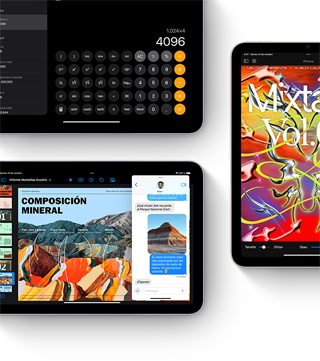 Tres pantallas de iPad mini muestran funcionalidades de apps y iPadOS