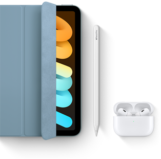 Un iPad mini en uso con la funda Smart Folio, un Apple Pencil Pro y los AirPods Pro