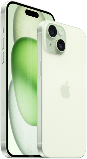 Vista de un iPhone 15 Plus de 6.7 pulgadas y un iPhone 15 de 6.1 pulgadas al lado para comparar su tamaño.