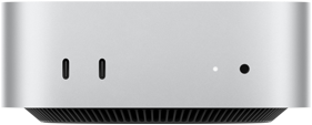 Vista de los puertos en la parte delantera de una Mac mini color plata