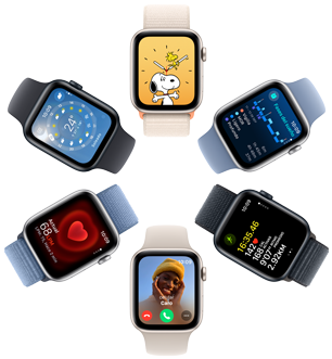 Imagen que muestra la vista cenital de las pantallas de seis Apple Watch SE con un fondo de pantalla de Snoopy, datos de la app Sueño, métricas de la app Entrenamiento, una llamada entrante, una medición de frecuencia cardiaca y la app Clima.