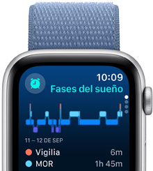 Pantalla de la app Sueño con las distintas fases del sueño, los minutos de vigilia y los minutos en fase MOR. 
