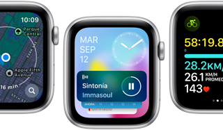 Vista frontal de pantallas del Apple Watch SE con varias pantallas de apps actualizadas.