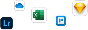 Varios íconos de apps dispersos, como Daylite, Trello, Microsoft Excel, TrueContext, Sketch y Microsoft OneDrive