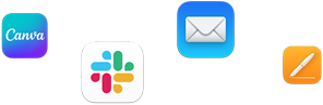 Varios íconos de apps dispersos, como Canva, Slack, Mail, Microsoft PowerPoint y Service M8