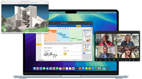 Varias pantallas que muestran lo fácil que es ejecutar varias apps a la vez en una MacBook Air, como páginas web en Safari, videollamadas en Zoom y archivos en SketchUp